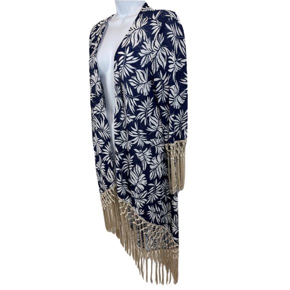 Moon Collection Semi Sheer Long Open Cardigan Fringe Blue White Beige Medium M - Picture 1 of 9